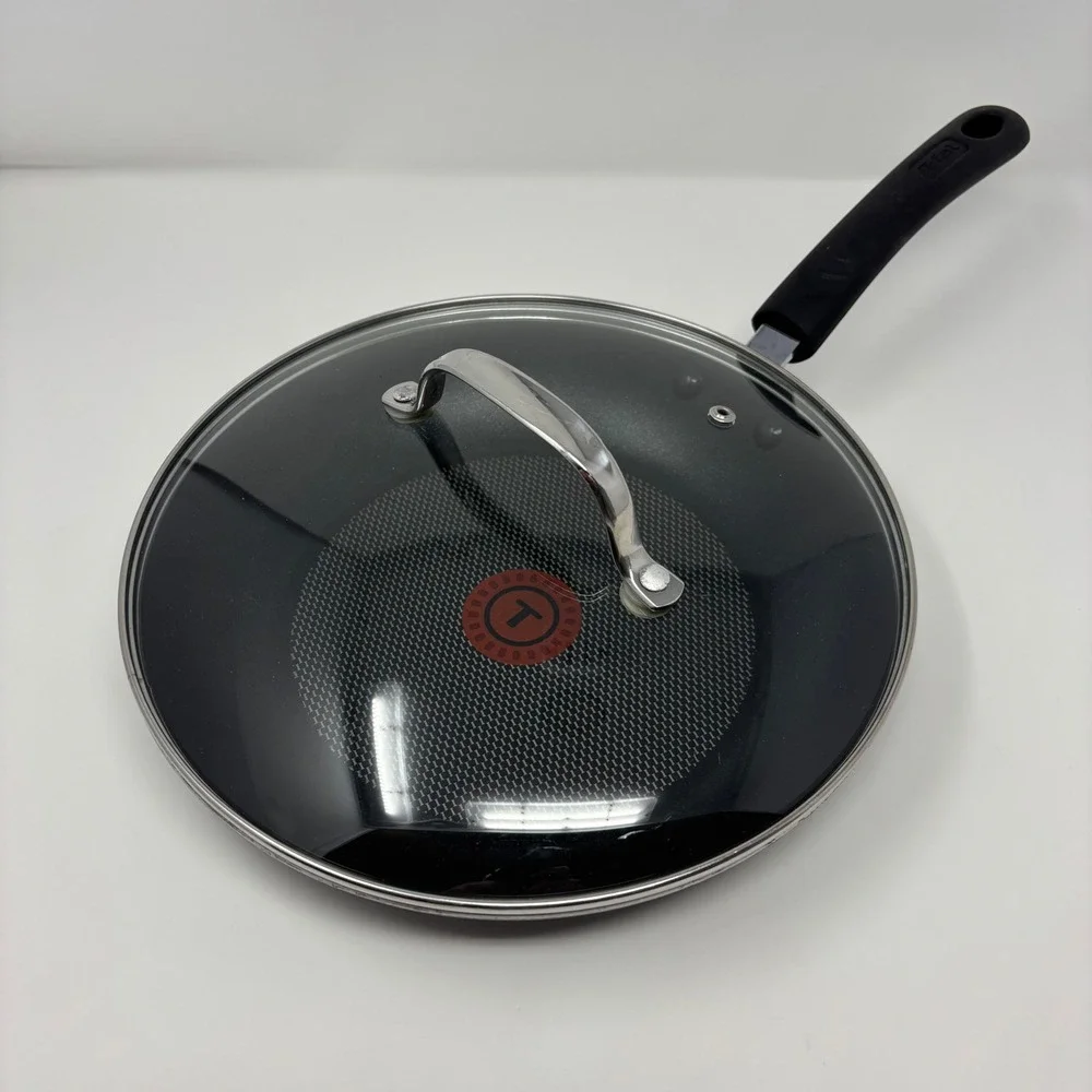 T-Fal 10 Inch Nonstick Fry Pan with Glass Lid Black Aluminum Skillet Thermo-Spot